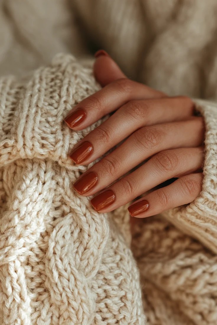 Burnt cinnamon cream nails on a hand holding a rust knit scarf, November nail idea