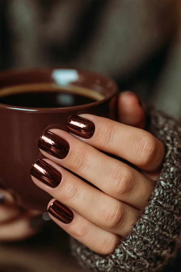 Chocolate glaze nails with a glossy brown finish, November nail idea