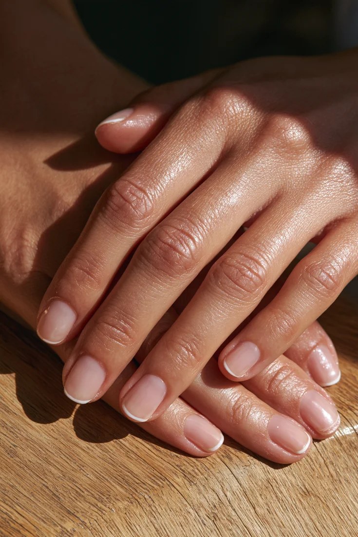 Sheer milky nude nails with a micro French tip, November nail idea
