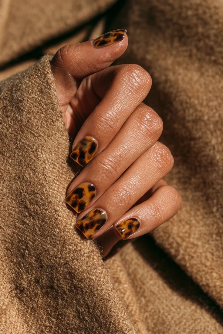 Tortoiseshell nail art on short square nails, November nail idea