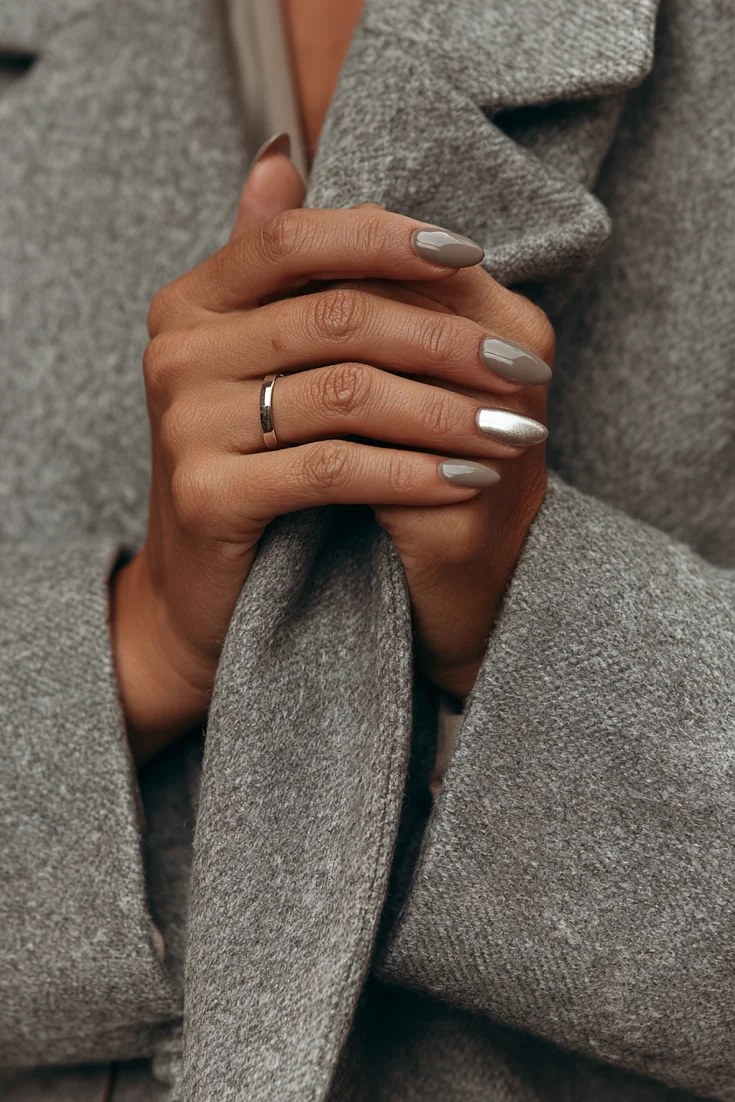 Smoky taupe nails in a muted neutral shade, November nail idea