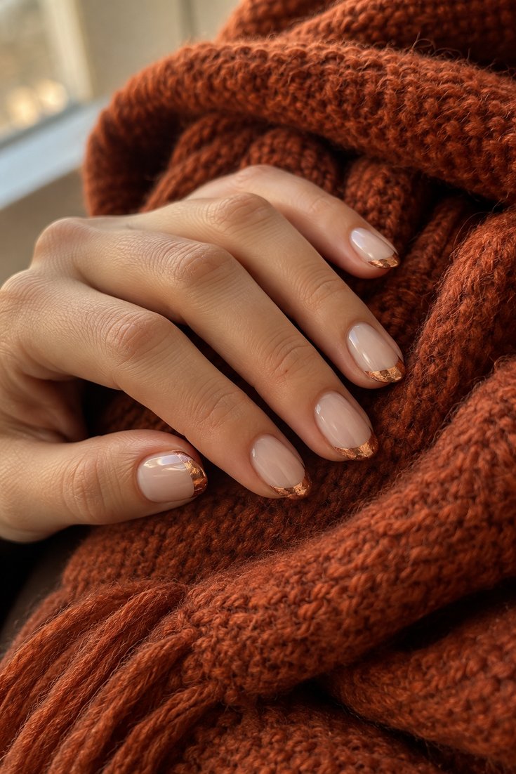 Copper foil tip nails on sheer beige polish against a rust knit scarf, November nail idea