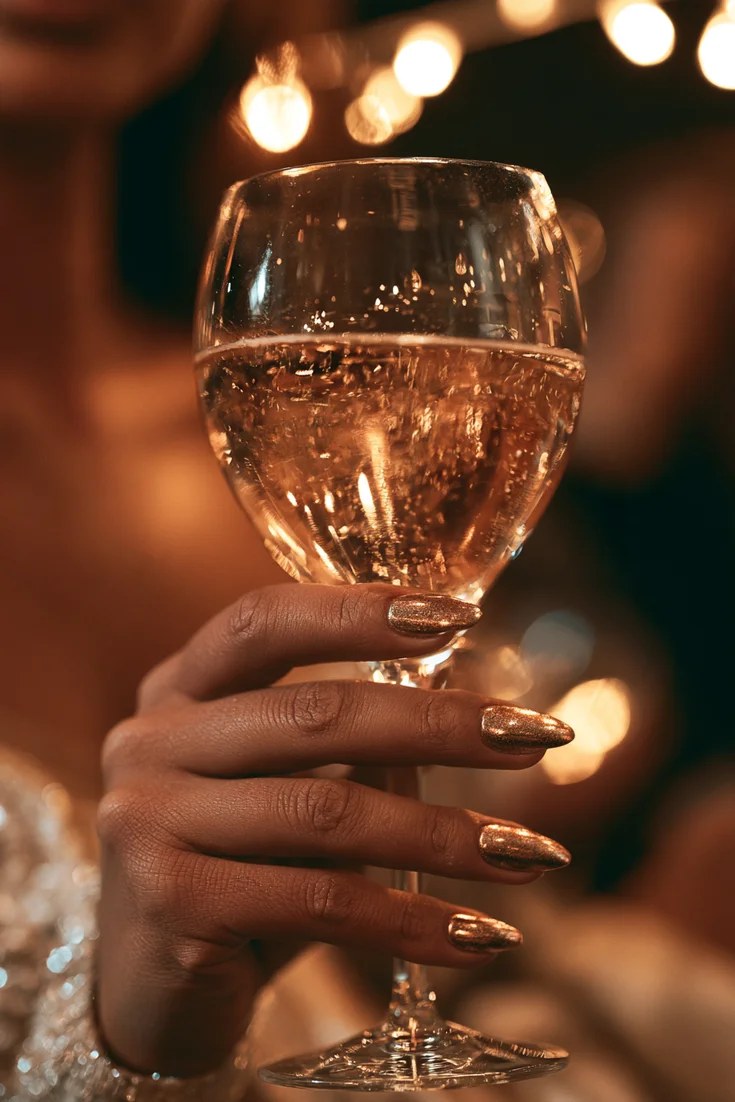 Champagne chrome nails with a soft metallic shine, November nail idea