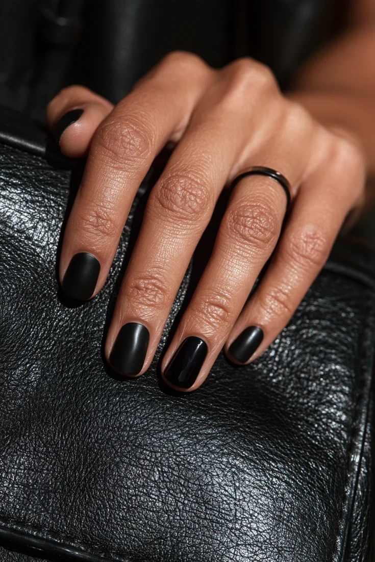 Matte black nails with one glossy accent nail, November nail idea