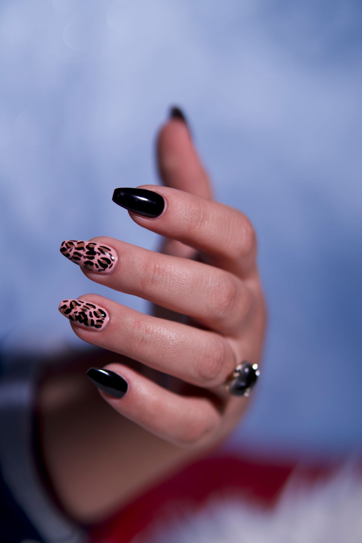Hand with leopard print nails in brown and black, with one nail in glossy black