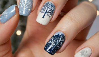 navy blue white winter tree snowflake nails
