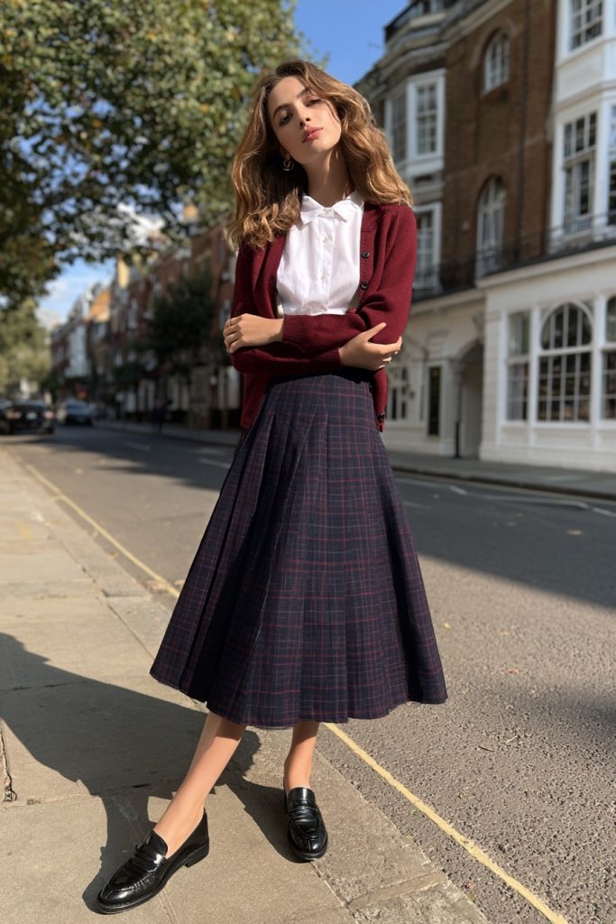 Woman in a navy tartan pleated midi skirt with a white shirt, burgundy cardigan and black loafers