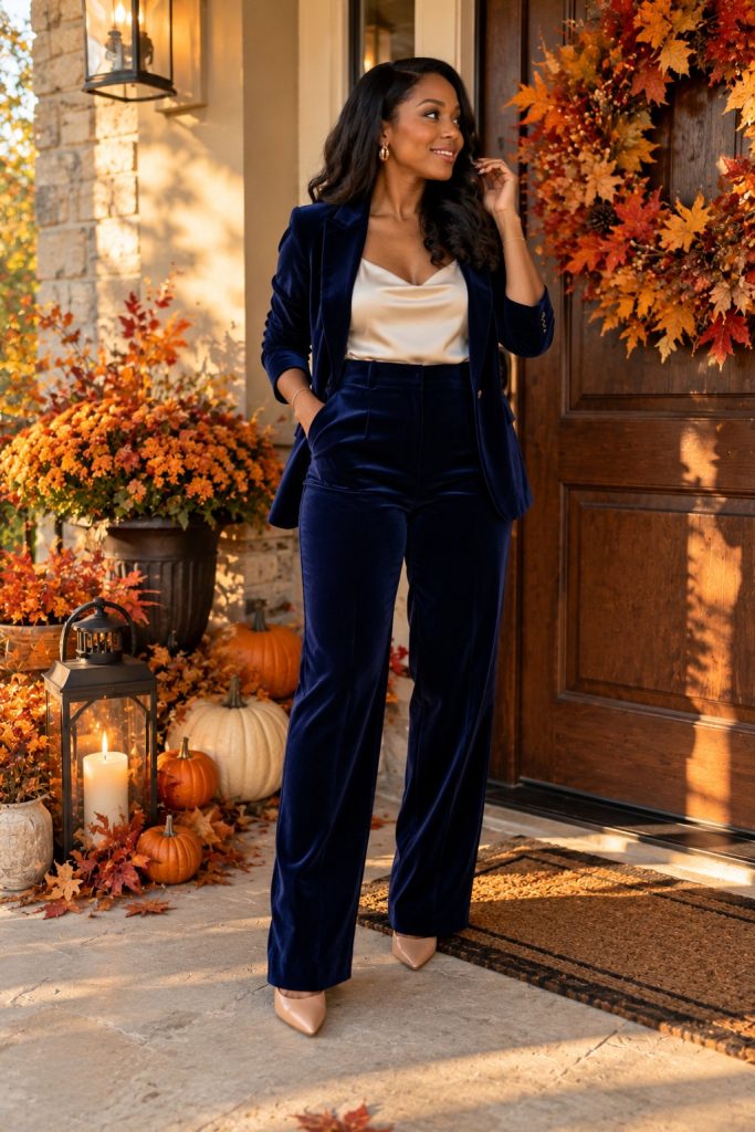 Navy velvet blazer and matching trousers