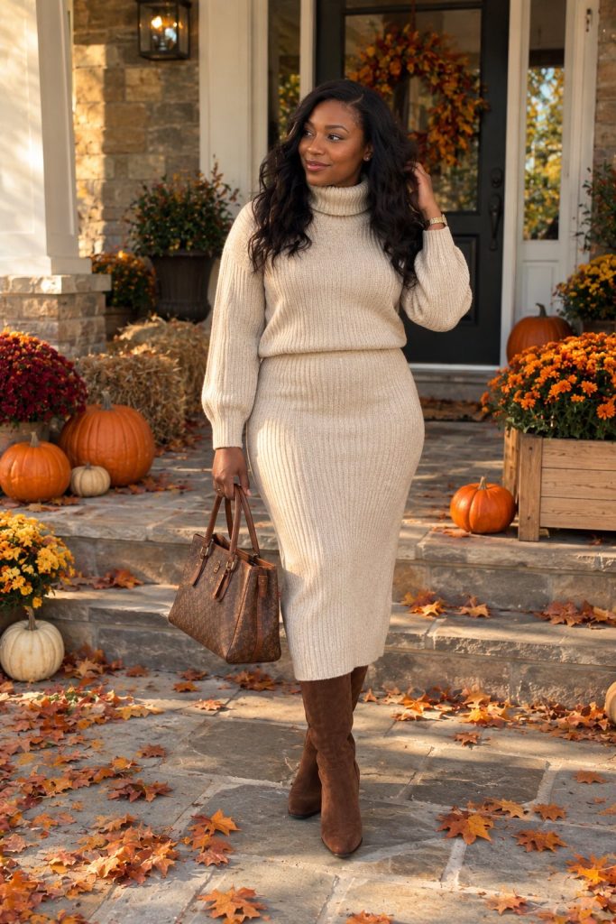 Oatmeal knit turtleneck and matching knit skirt set with a brown monogram bag