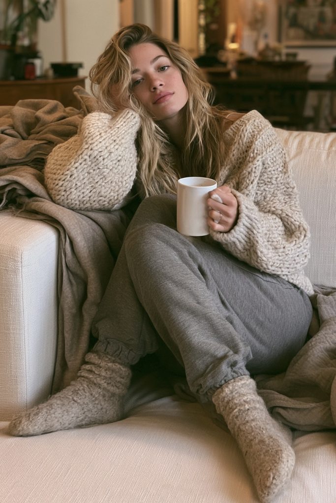 Woman in an oatmeal chunky knit sweater, grey joggers and thick wool socks on a sofa with a blanket and a white mug