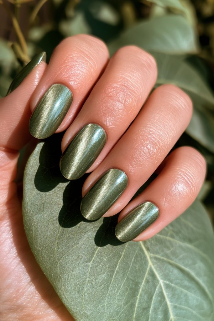 Long olive green almond nails with a satin cat eye streak, one hand holding a large green leaf against a beige knit cuff