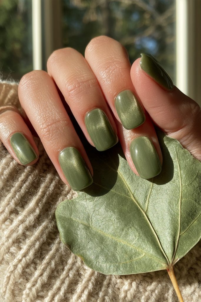 Short olive green cat eye nails on a hand holding a large green leaf against a beige knit sweater