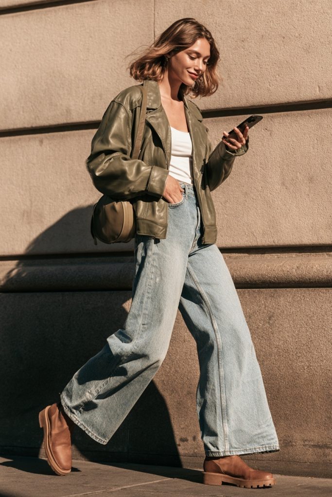 Woman in an olive green leather jacket with a white tank, wide leg jeans and brown boots walking by a stone wall