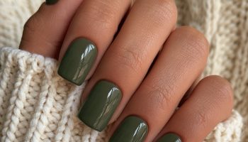 olive green nails glossy short square