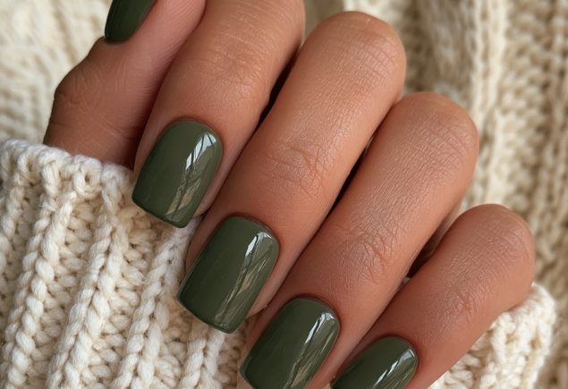 olive green nails glossy short square