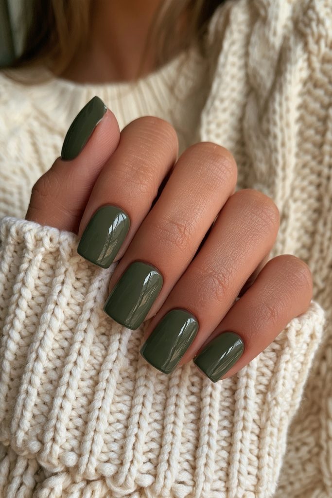 Short glossy olive green square nails on a hand held against a cream chunky cable knit sweater
