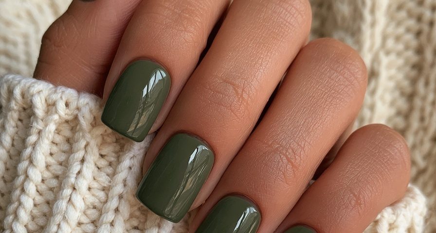 olive green nails glossy short square