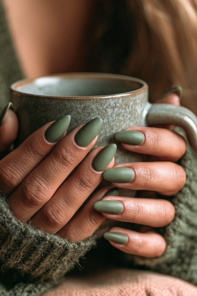 Long matte olive green almond nails around a speckled grey ceramic mug in an olive and brown knit sleeve