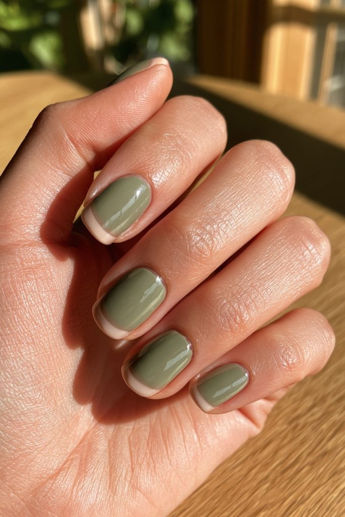 Open hand on a sunlit wooden table showing short olive green nails with a thin pale edge at the tips