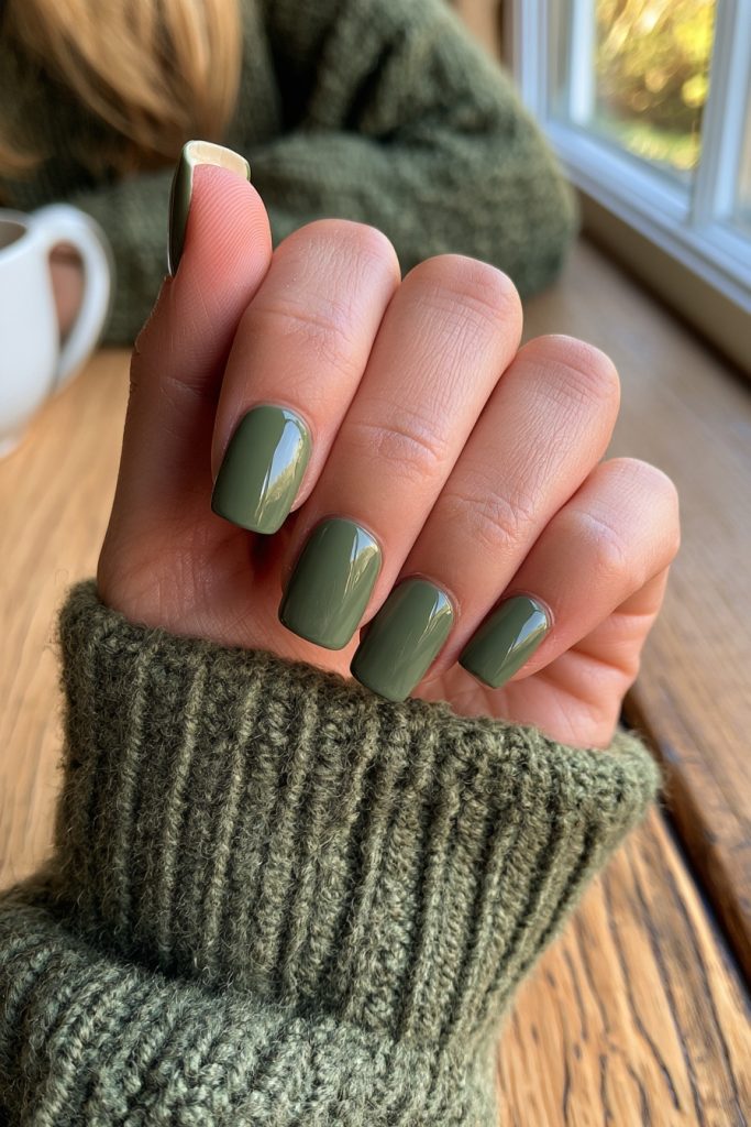 Hand in a chunky olive ribbed knit cuff with short olive green nails, lit by window light