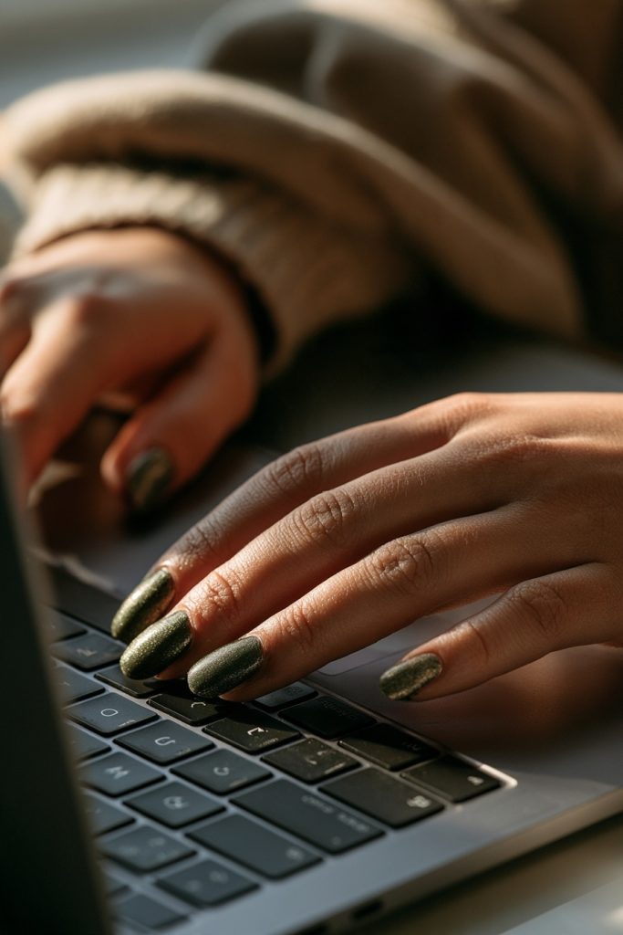 Hands typing on a silver laptop keyboard with dark olive green nails that have a soft shine
