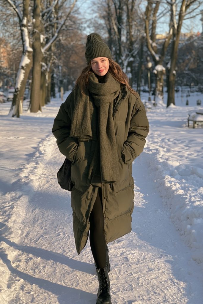 Woman in a long olive green puffer coat with a dark beanie and scarf walking in a snowy park