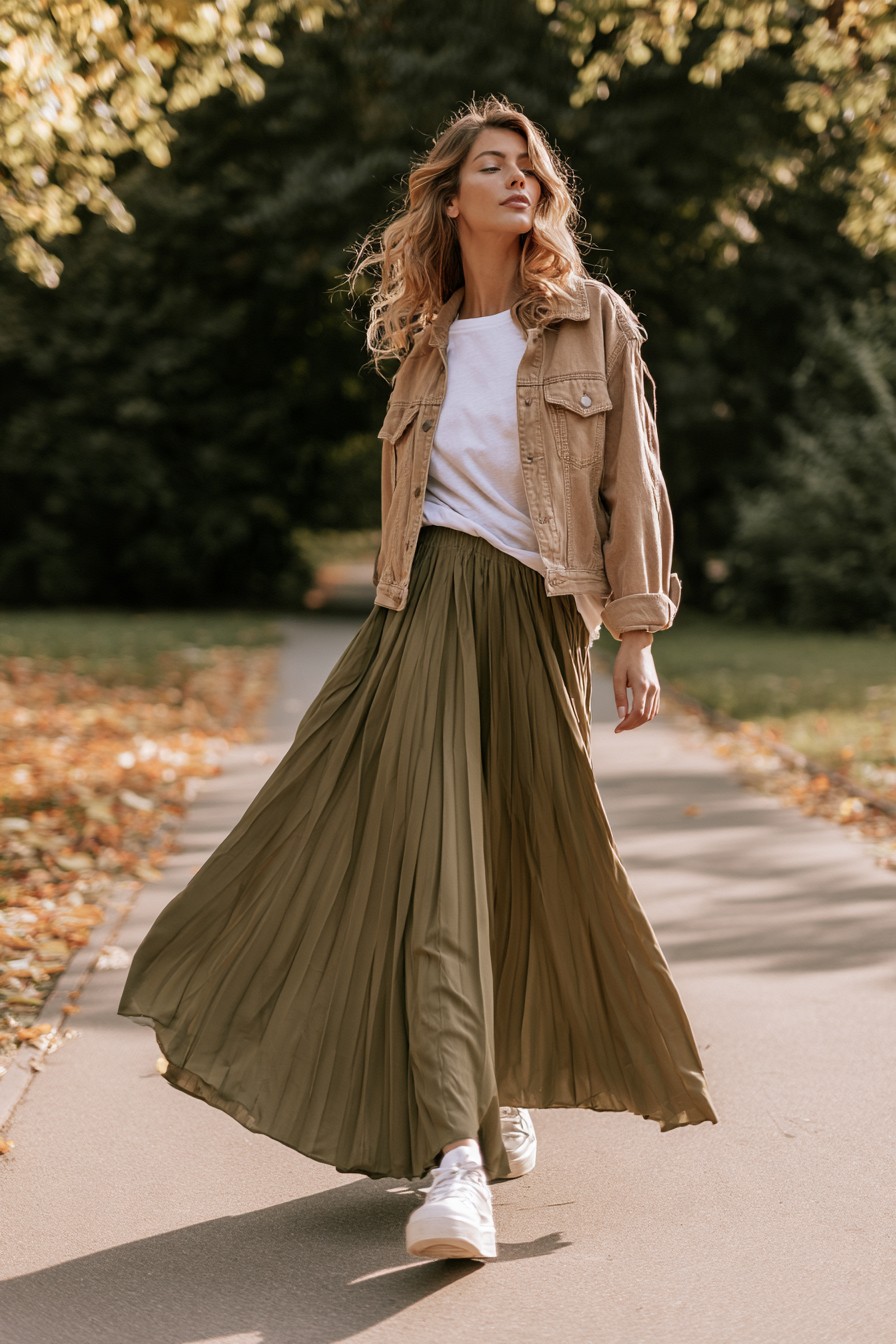 Woman walking on a leaf-lined park path in a long olive pleated maxi skirt, white t-shirt, tan jacket and white sneakers