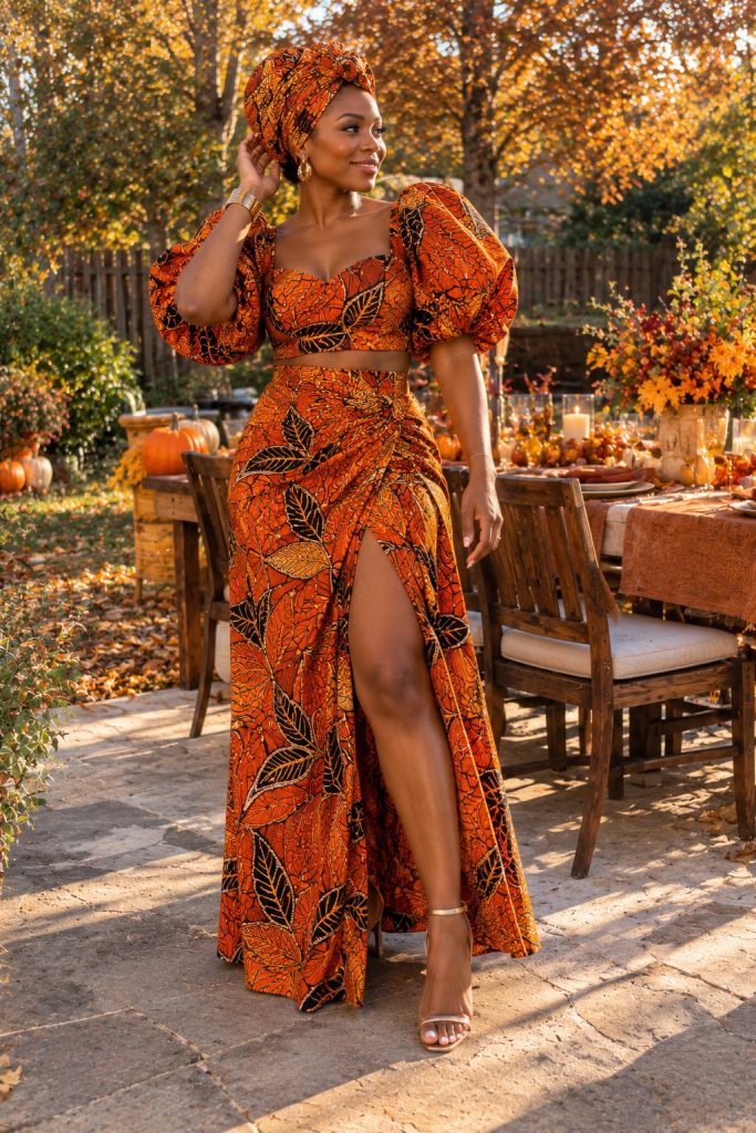 Orange Ankara print two piece with a puff sleeve crop top, high slit maxi skirt and matching head wrap