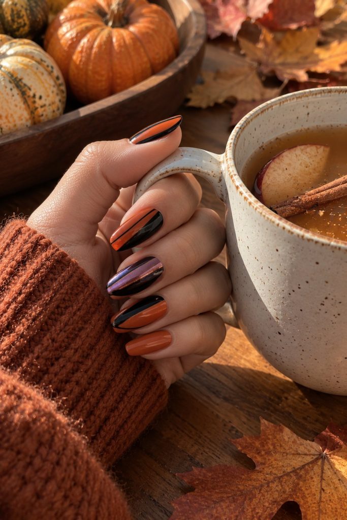 Glossy nails with orange and black stripes and one purple shimmer stripe nail