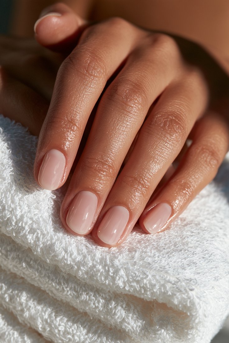 Short oval nails in sheer milky white soap nails finish on a hand resting on a folded white towel