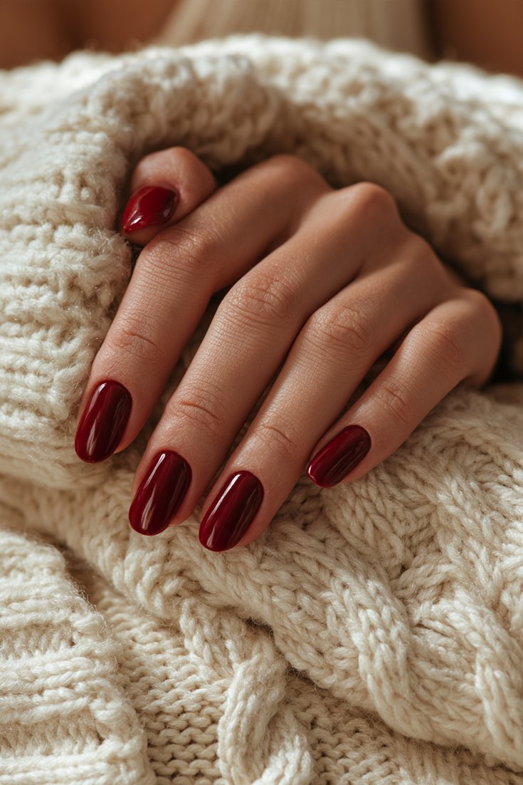 Medium oval nails in glossy classic cherry red cream on a hand resting on a cream cable knit blanket