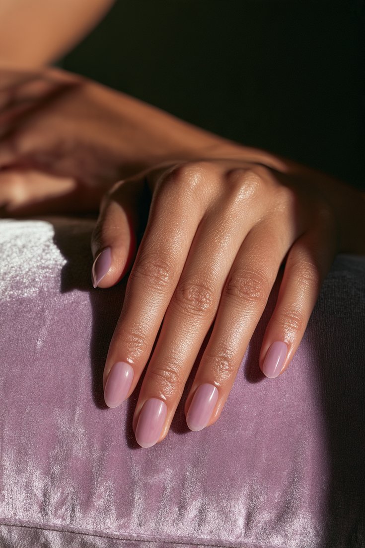 Short oval nails in sheer lavender jelly polish on a hand resting on a lilac velvet cushion