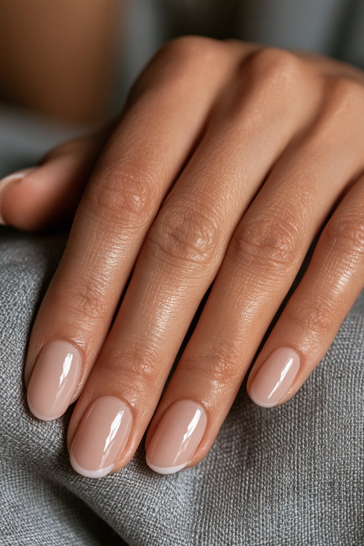 Short oval nails in milky beige with a thin white micro French tip on a hand resting on a grey linen cloth