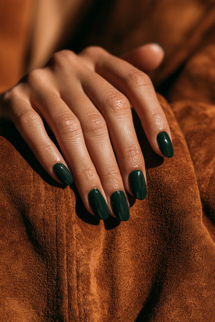 Medium oval nails in glossy deep forest green on a hand resting on a brown suede jacket