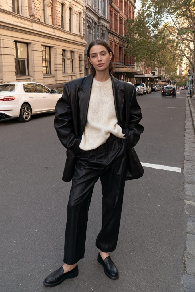 Woman in an oversized black leather blazer style jacket with a cream knit, black trousers and loafers on a city street