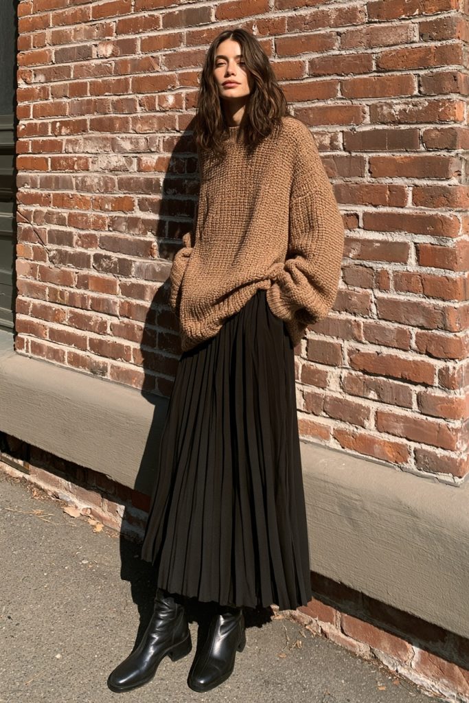 Woman in an oversized camel knit sweater with a long black pleated skirt and black ankle boots against a brick wall