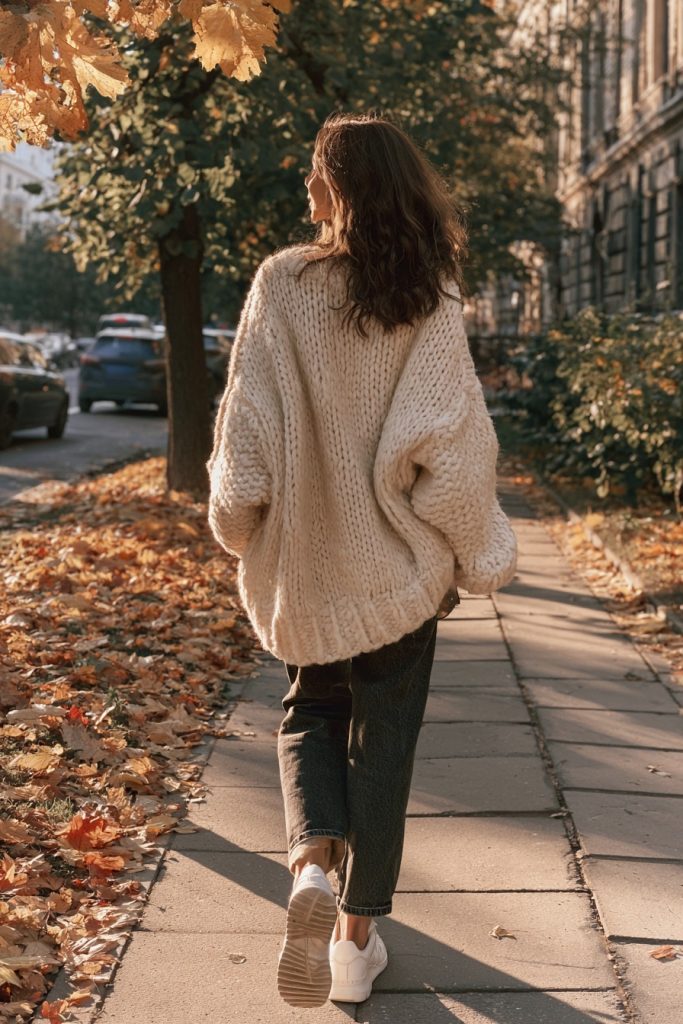 Woman seen from behind in an oversized cream chunky knit sweater with dark pants and white sneakers on a leaf covered sidewalk