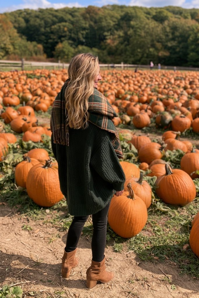 Woman in an oversized forest green sweater with a plaid scarf and brown ankle boots in a pumpkin patch