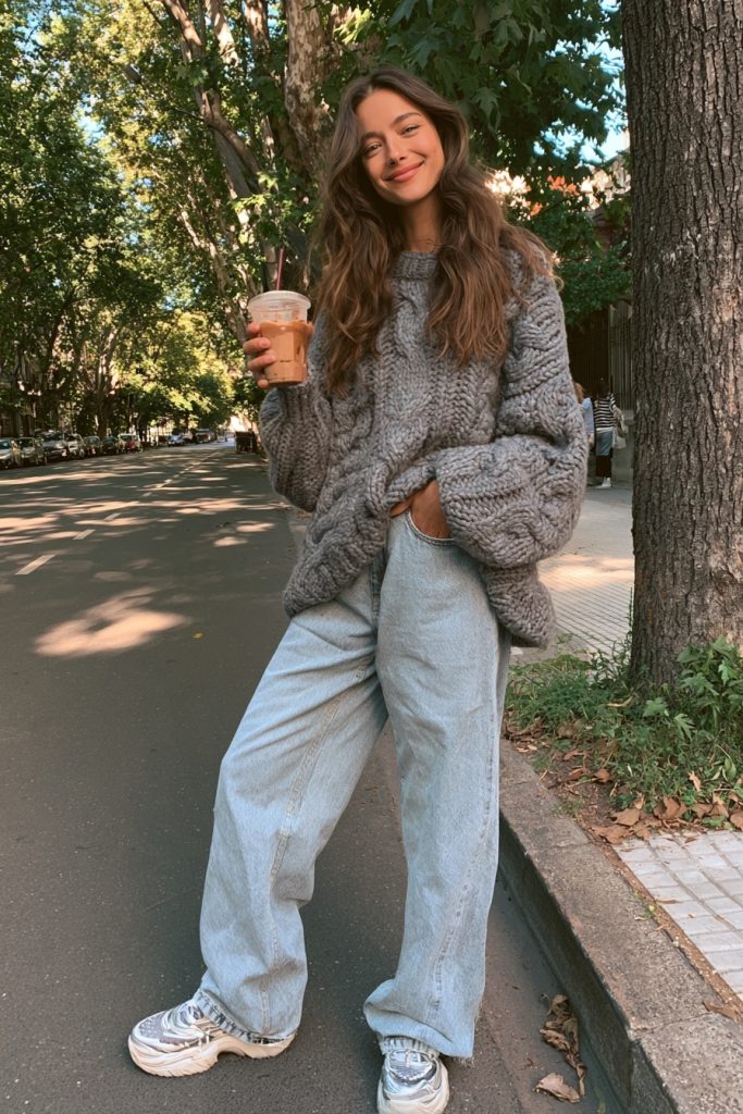 Woman in an oversized gray cable knit sweater with light wash wide leg jeans and chunky sneakers holding an iced coffee