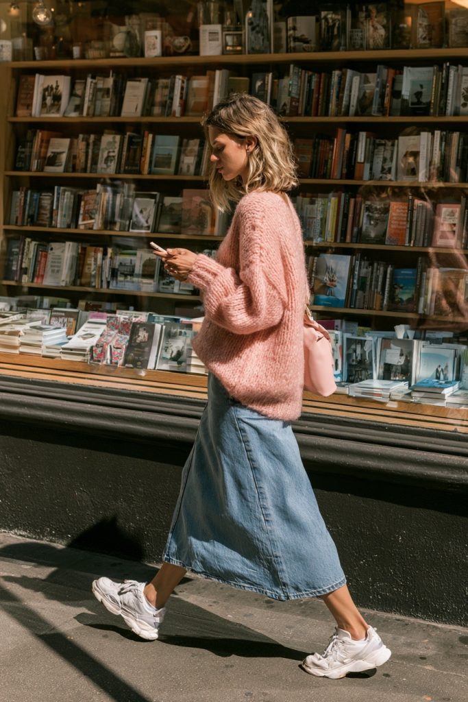 Woman in an oversized pink knit sweater with a long denim skirt and white sneakers walking past a bookstore