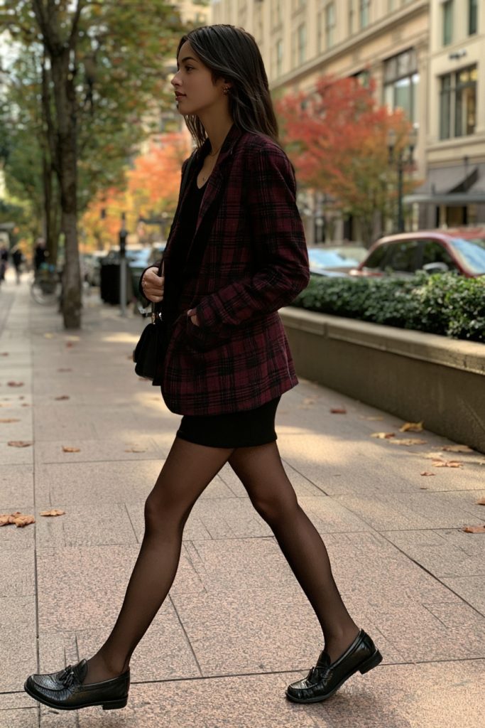 Woman walking in a burgundy and black plaid blazer over a short black dress with sheer black tights and black loafers, carrying a small black bag