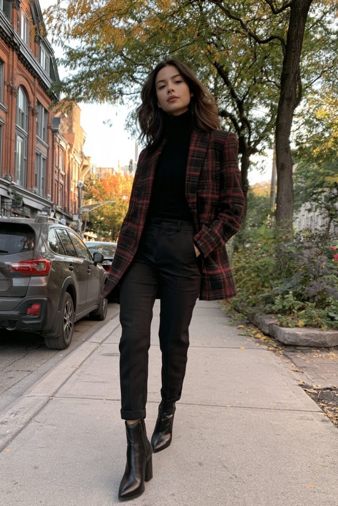 Woman in a black and red plaid blazer over a black turtleneck with black trousers and black pointed ankle boots, hands in her pockets