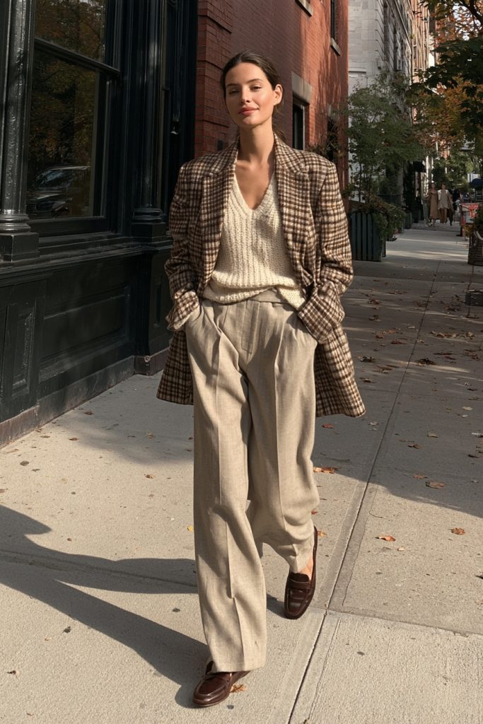 Woman in a brown and cream plaid blazer worn open over a cream knit v neck sweater with beige wide leg trousers and brown loafers