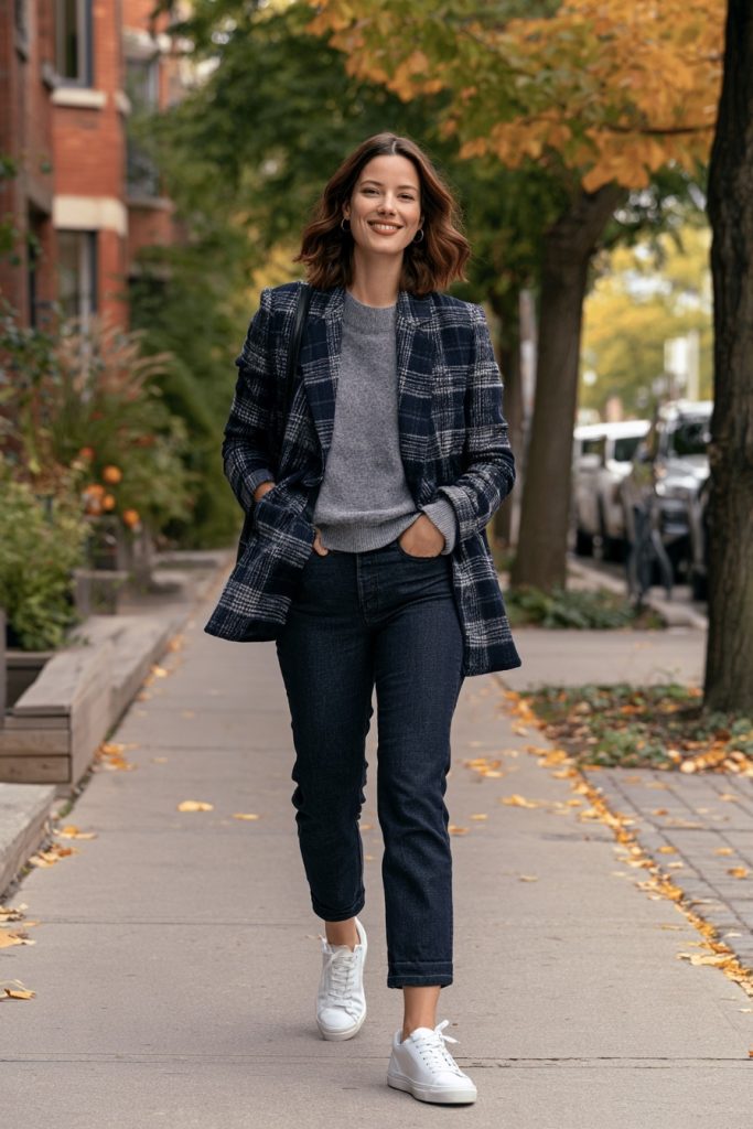 Smiling woman in a navy and grey plaid blazer over a grey sweater with dark cropped jeans and white sneakers on a tree lined street