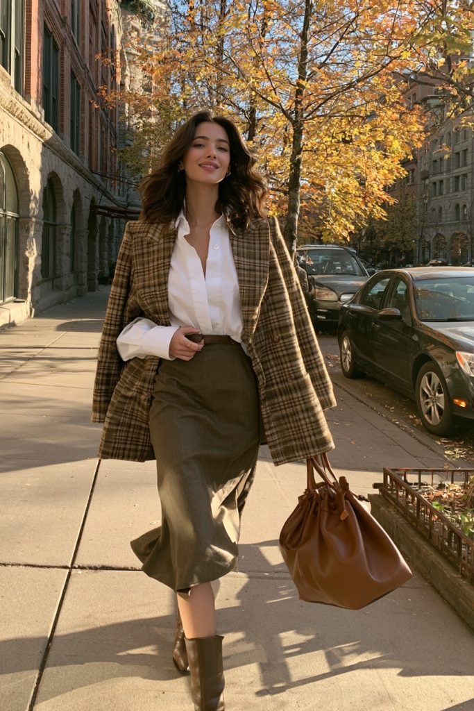 Woman in an olive and tan plaid blazer with a white button up shirt, olive midi skirt, brown ankle boots and a cognac bucket bag on a sunny street