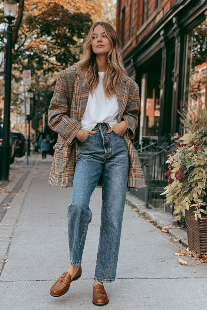 Woman in an oversized brown and grey plaid blazer, white tee, straight blue jeans and tan loafers with hands in her pockets on a brick lined street