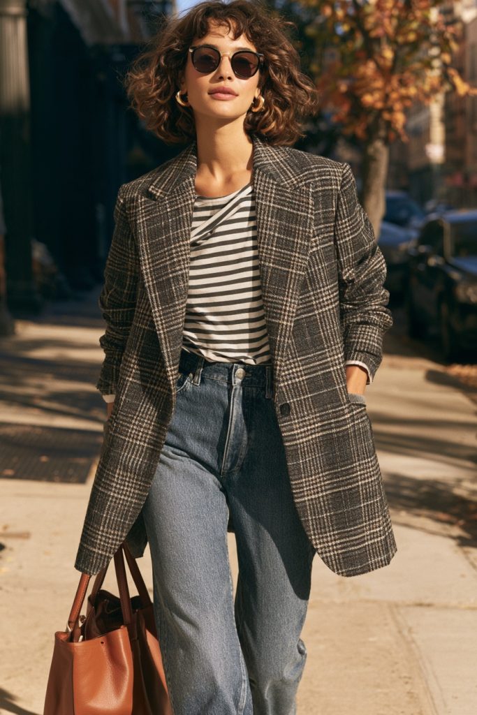 Woman in sunglasses wearing a charcoal and cream plaid blazer over a black and white striped tee with light blue jeans and a brown leather tote