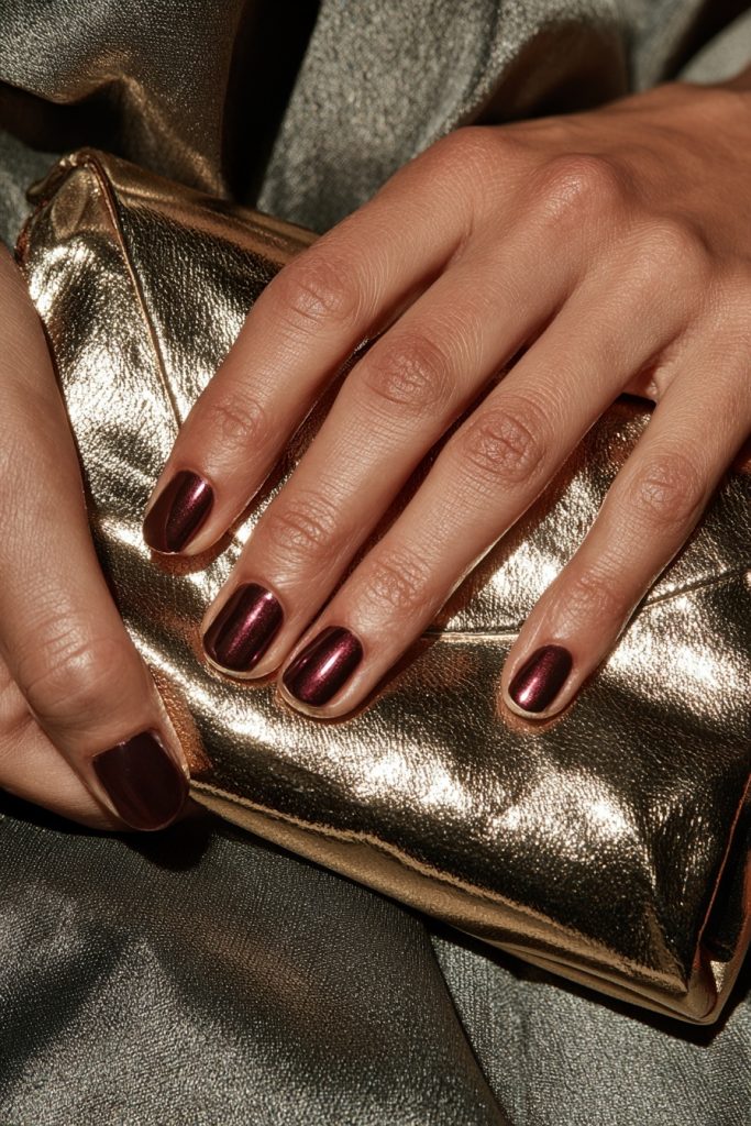 Close up of hands with plum chrome nails holding a small gold clutch