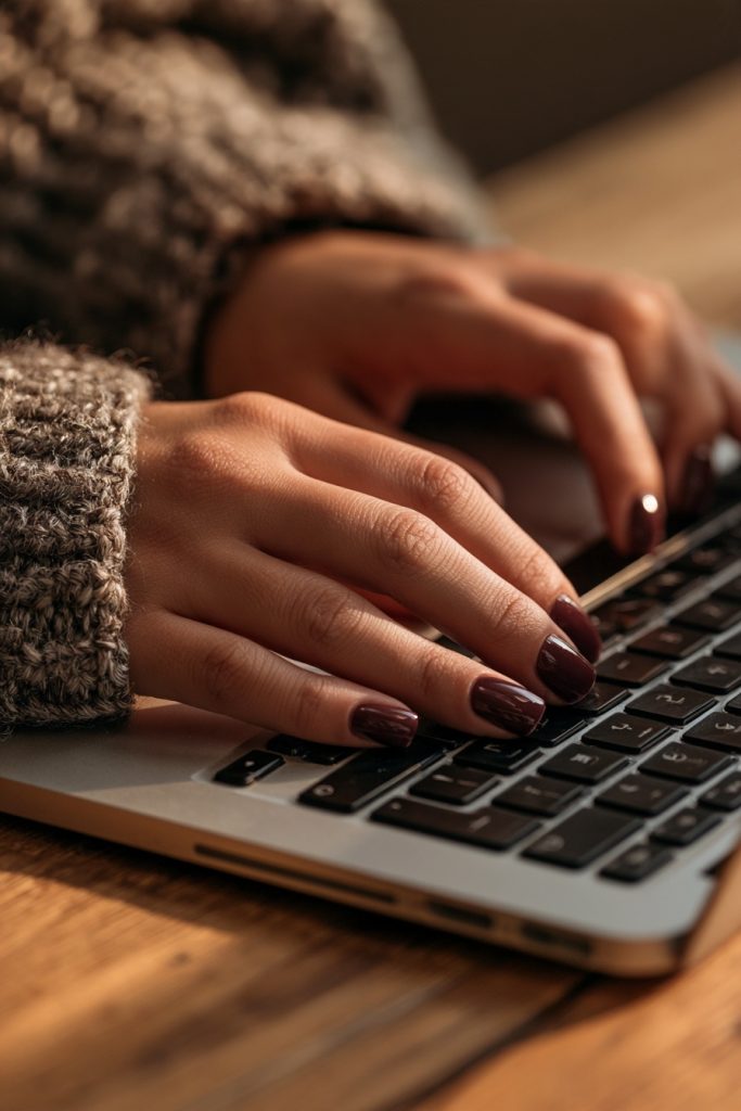 Close up of hands with short square plum nails typing on a laptop in a chunky knit sweater