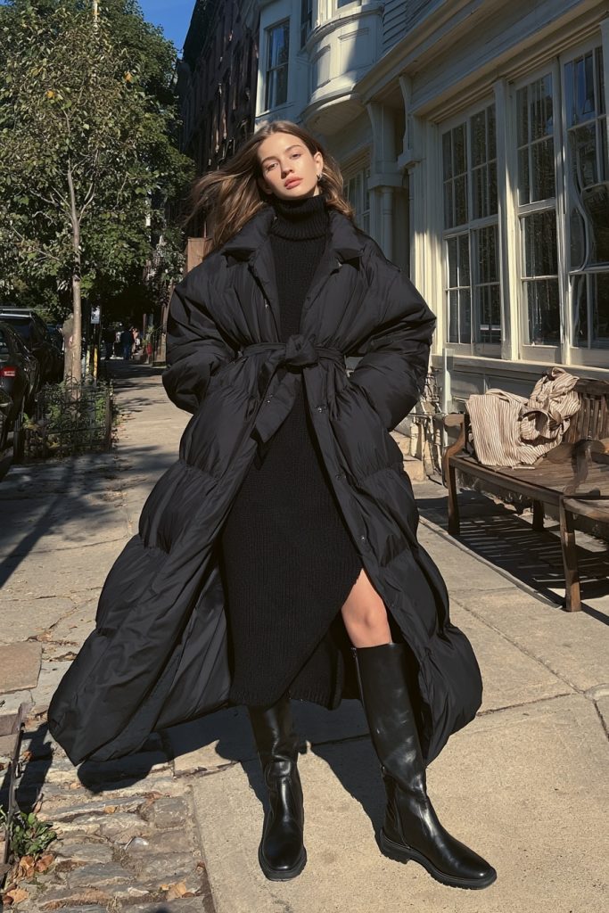 Woman in a long black belted puffer coat over a black knit dress with tall black boots in front of a brick building